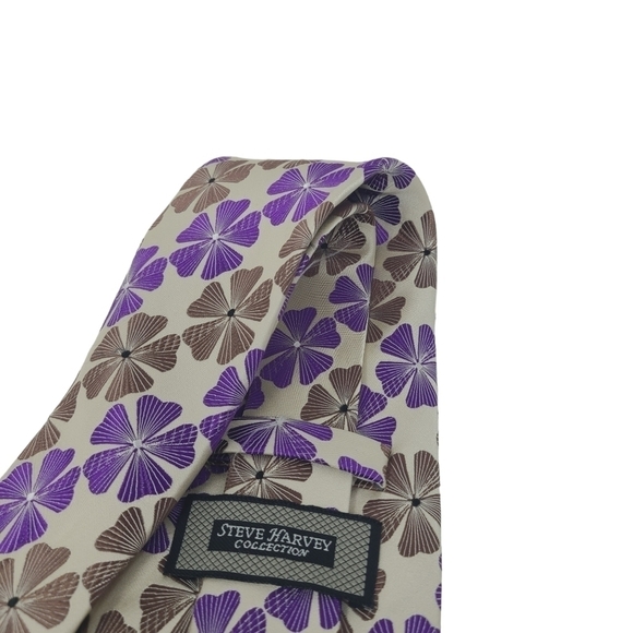 Steve Harvey | Men's Purple and Tan Floral Printed Silk Tie (One Size) - Picture 2 of 12